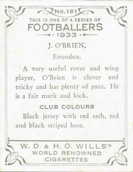 1933 Wills's Victorian Footballers (Large) #181 Jock O'Brien Back